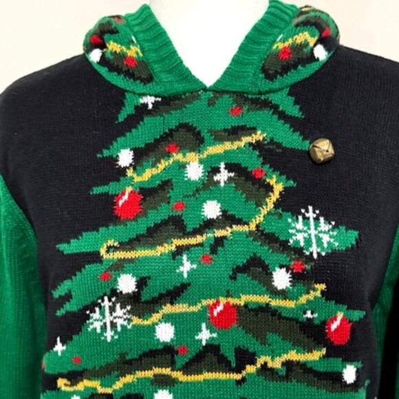 Ugly Christmas Sweater Christmas Tree Long Sleeve Hooded Star Jingle Bell Size M - Picture 2 of 6